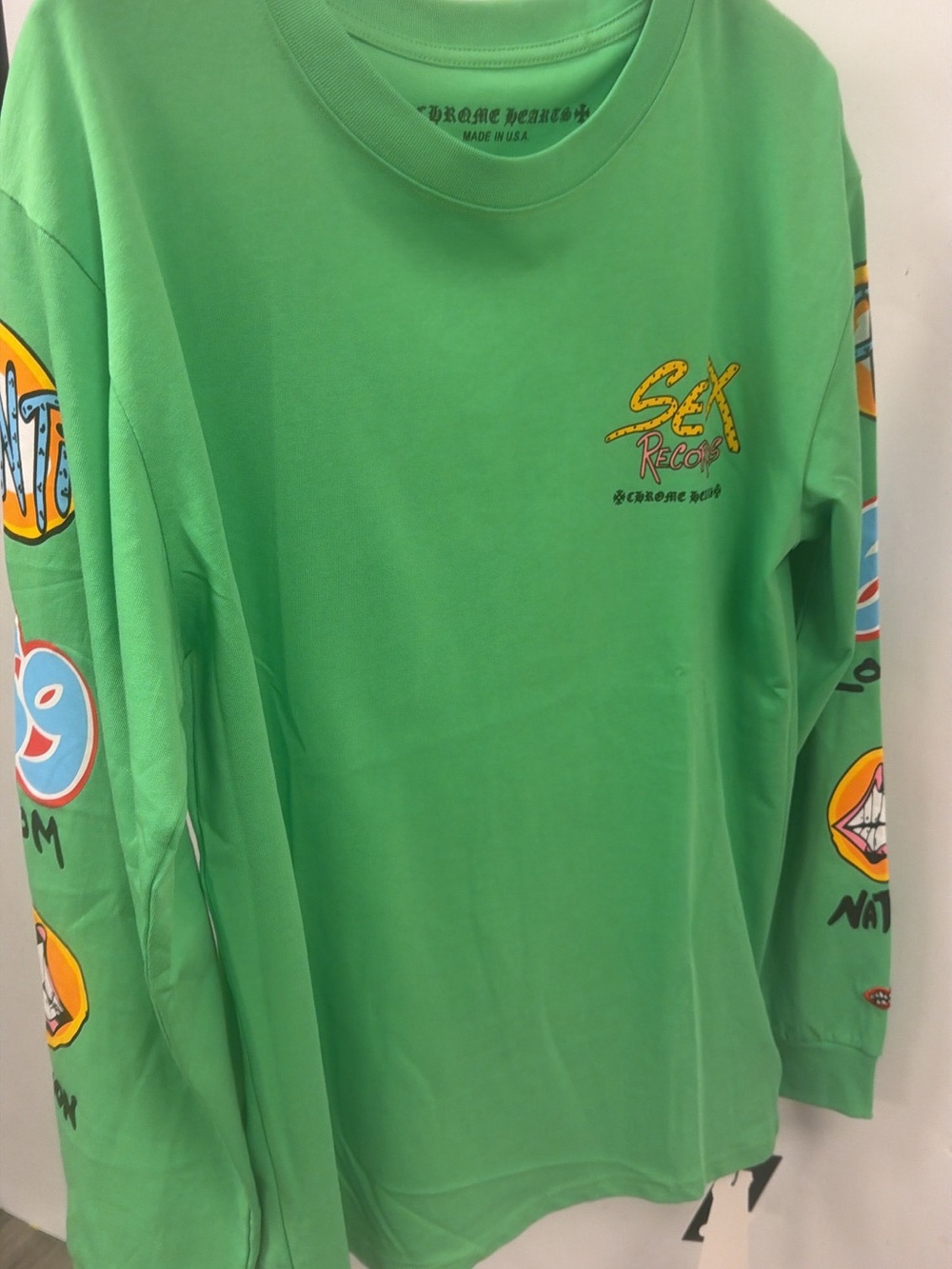 Chrome Hearts Bright Green Long Sleeve Tee with Colorful Sleeve Graphics